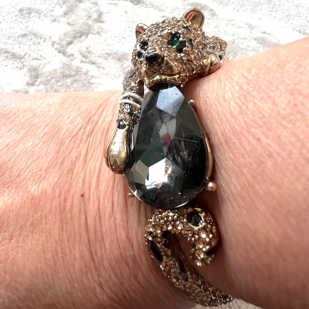 Betsey Johnson Leopard Hinged Bangle Bracelet | Smoky Crystal & Rhinestones -NWT